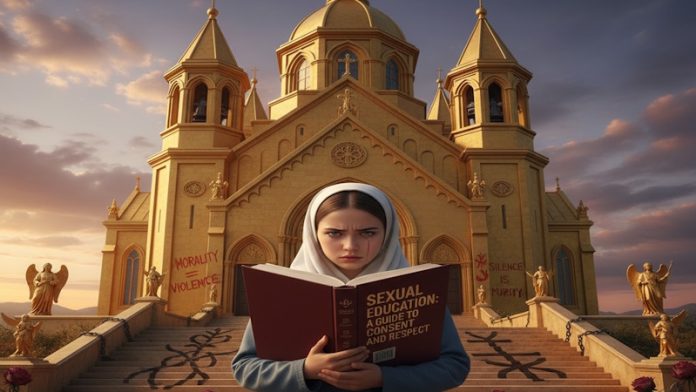 Fată în faţa Catedralei România, patria sfintei rușini