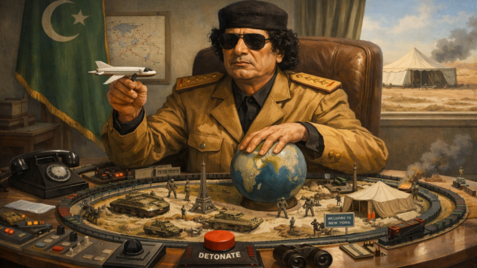 Gaddafi în sala de comandă miniaturală